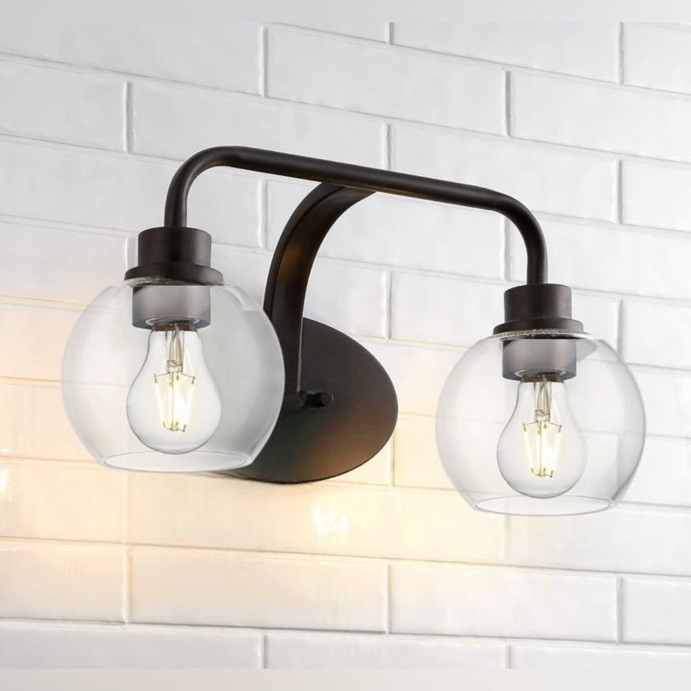17” 2-Light Iron/Clear Globo Glass Cottage Rustic LED Vanity Light